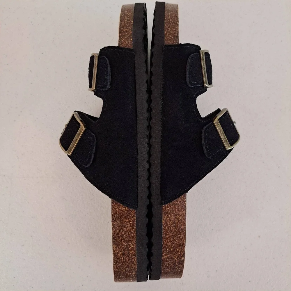 Khombu Ashville Sandals Womens 7 Black New Leather Double Buckle Slide 1221-378